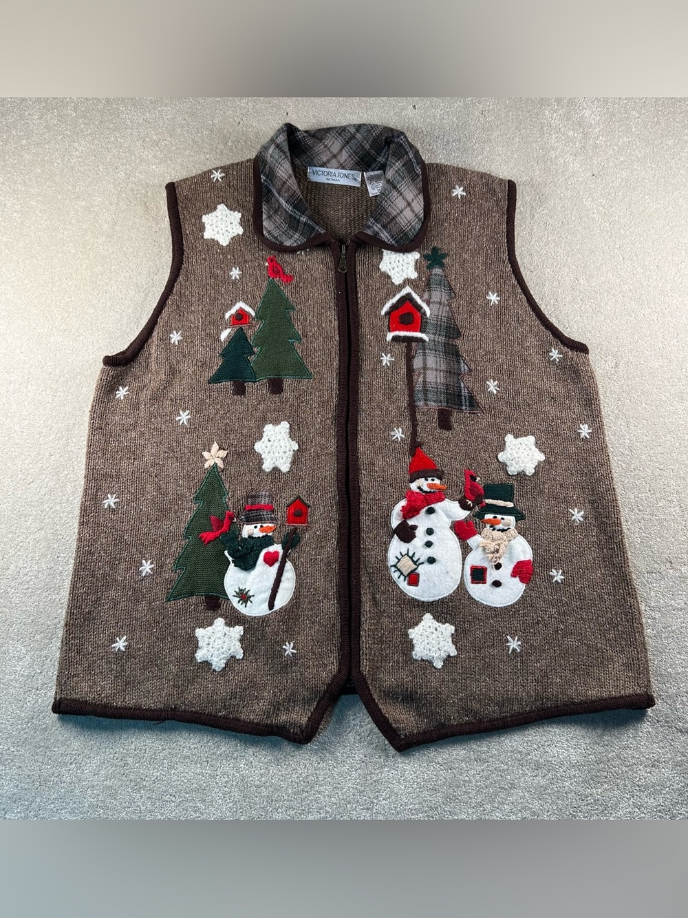 Sweater Vest Winter Christmas Snowman Zip Front Fleece Collar Brown women's 1X